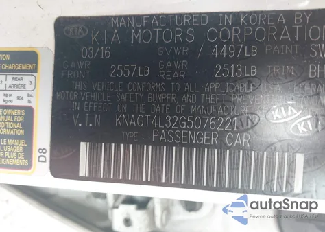 2016 Kia Optima Lx z USA, uszkodzony, nr VIN KNAGT4L32G5076221